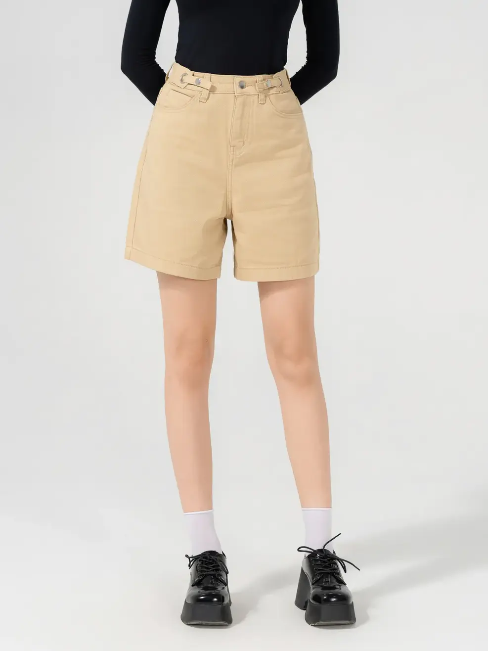 Quần Short Jeans Nữ Denimlike Cạp Cúc Điều Chỉnh - Nâu be - 25