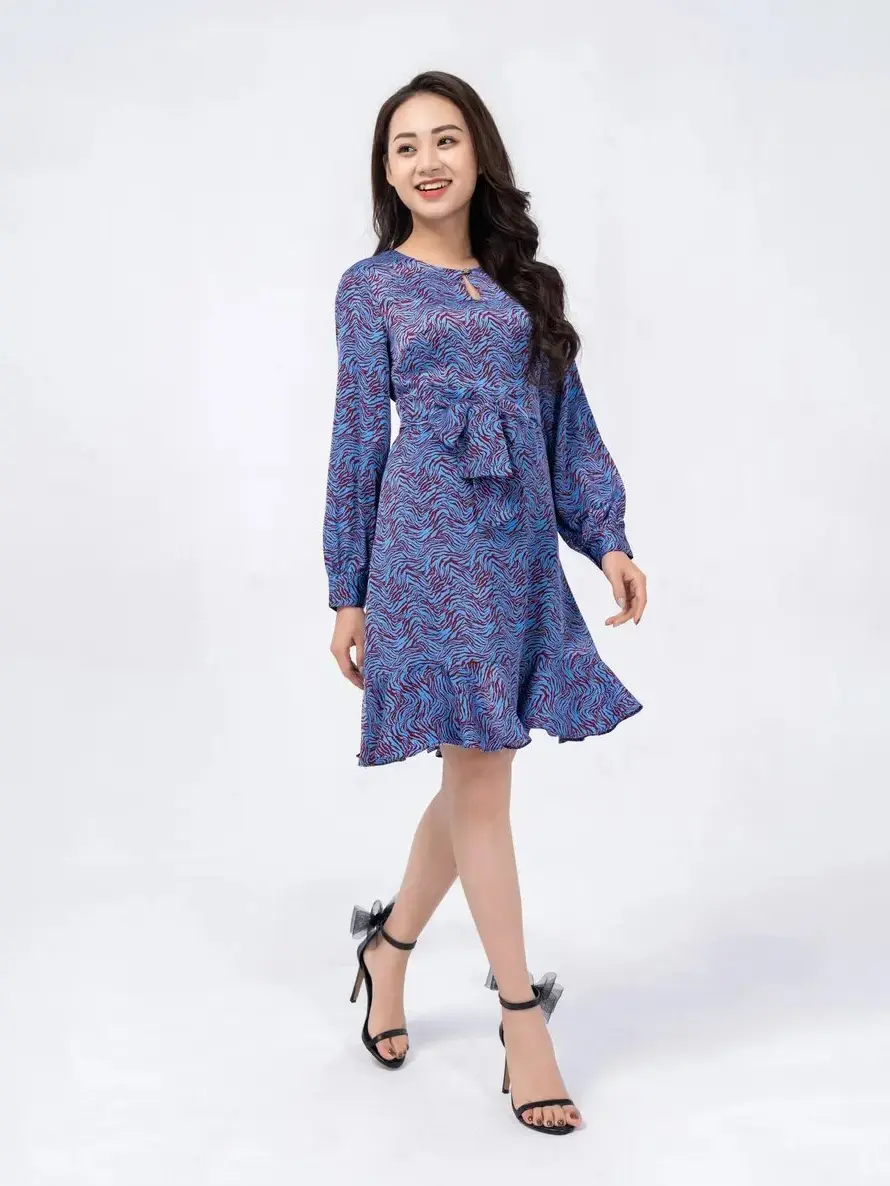 Đầm xòe đai thắt eo - Xanh - M