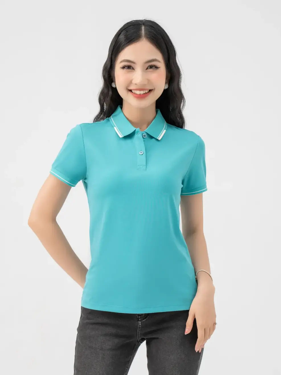 Áo Polo Nữ Siro Rayon bo kẻ - Xanh ngọc - S