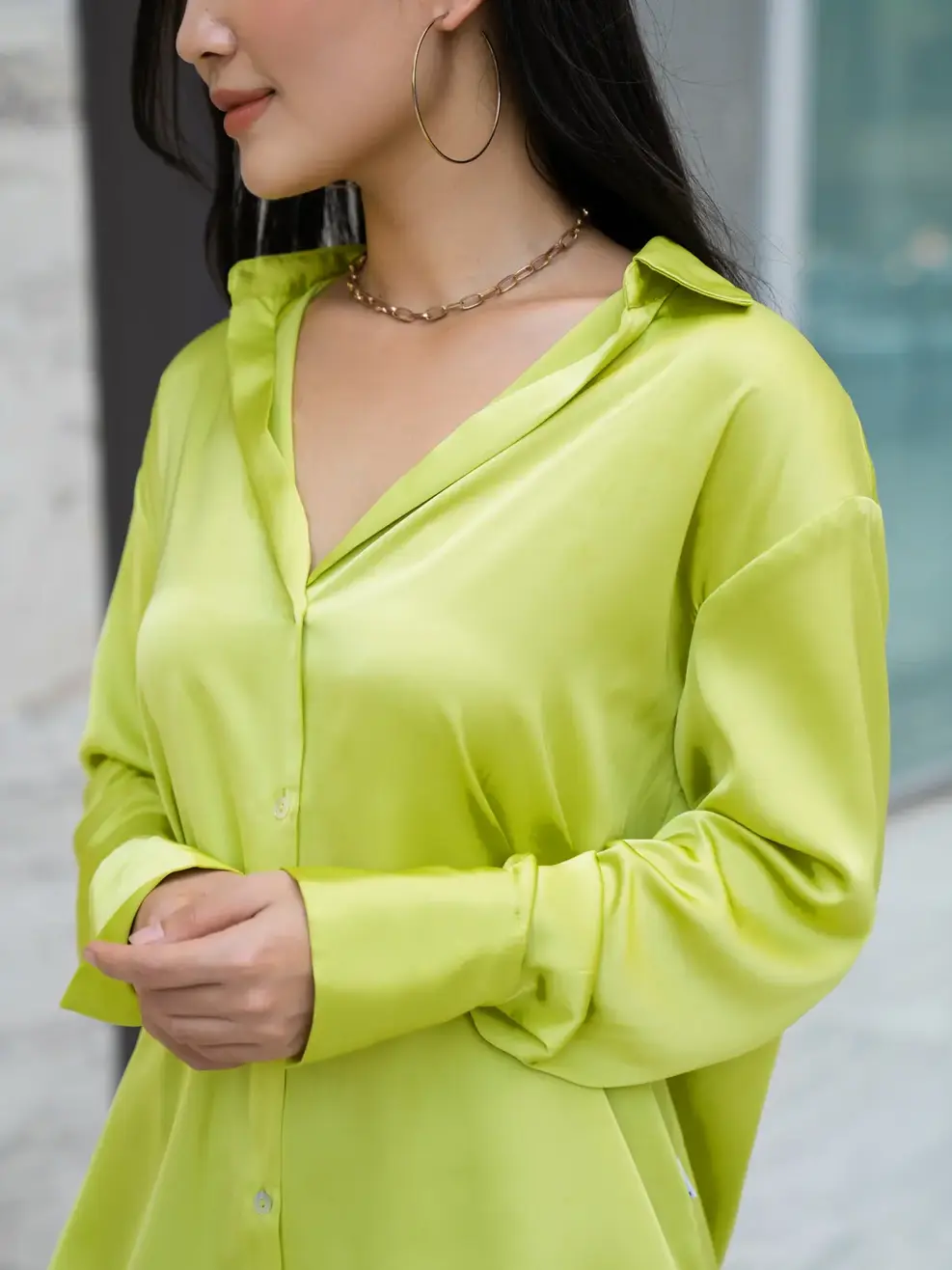 Áo sơ mi dài tay nữ lụa satin - Xanh - S