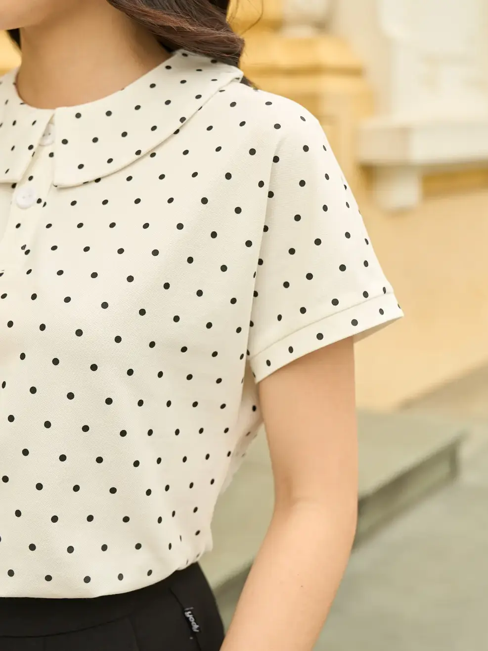 Áo polo nữ mắt chim chấm bi cổ sen - Trắng - S