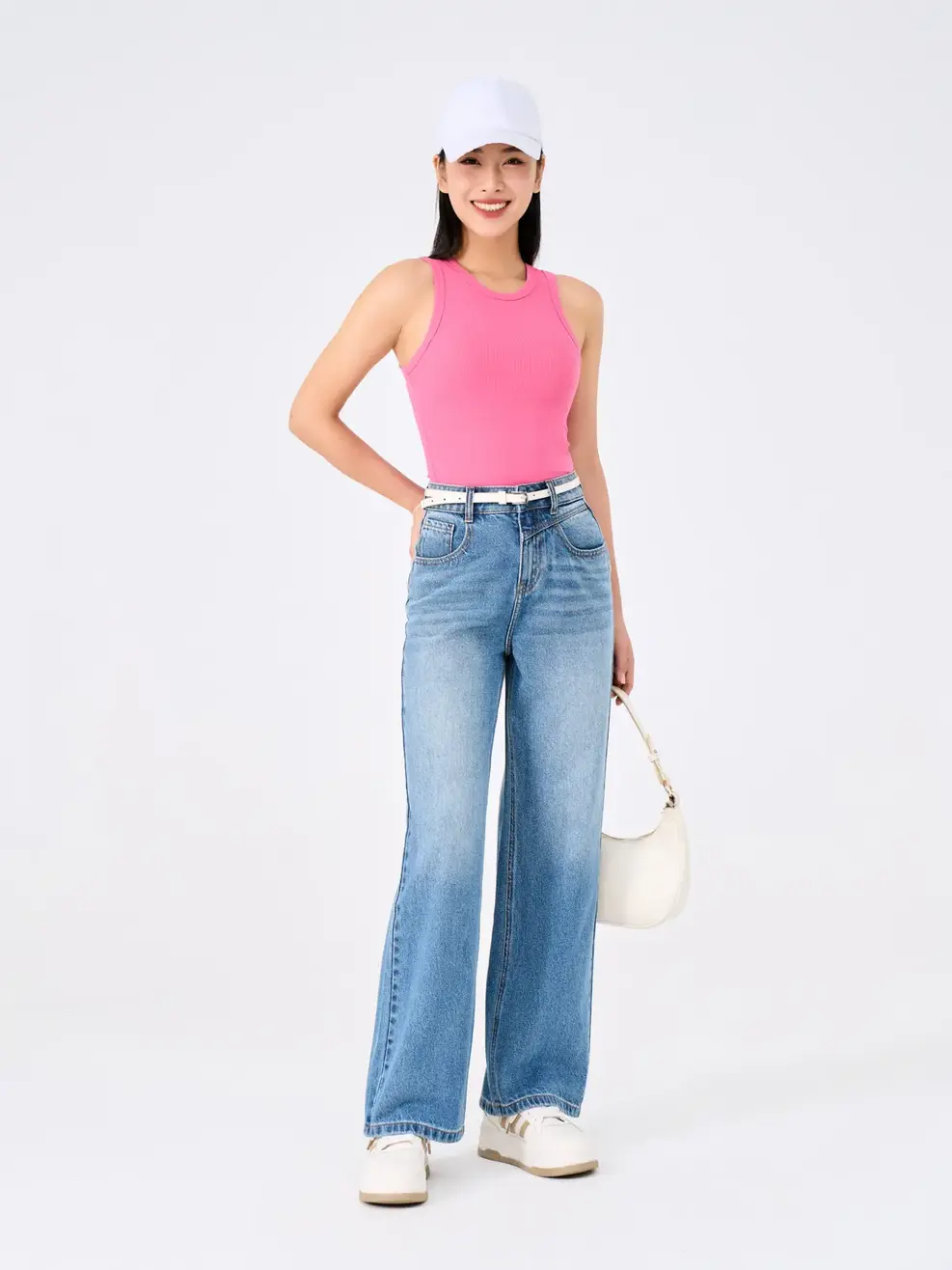 Quần Jeans Nữ Ống Suông Cạp Cao Túi Can Chéo  - Xanh - 25