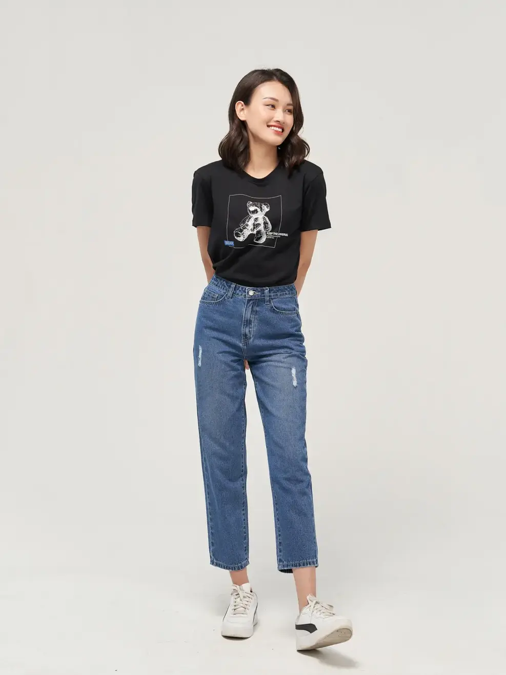 Quần Jeans nữ rách baggy - Xanh - 28