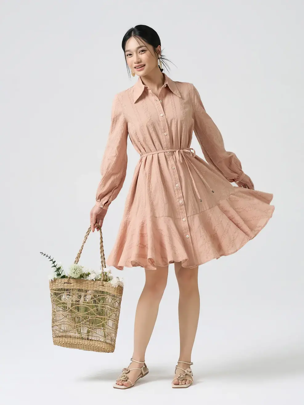 Váy Liền Cổ Đức Đai Eo Xòe Tầng - Hồng 003 - M