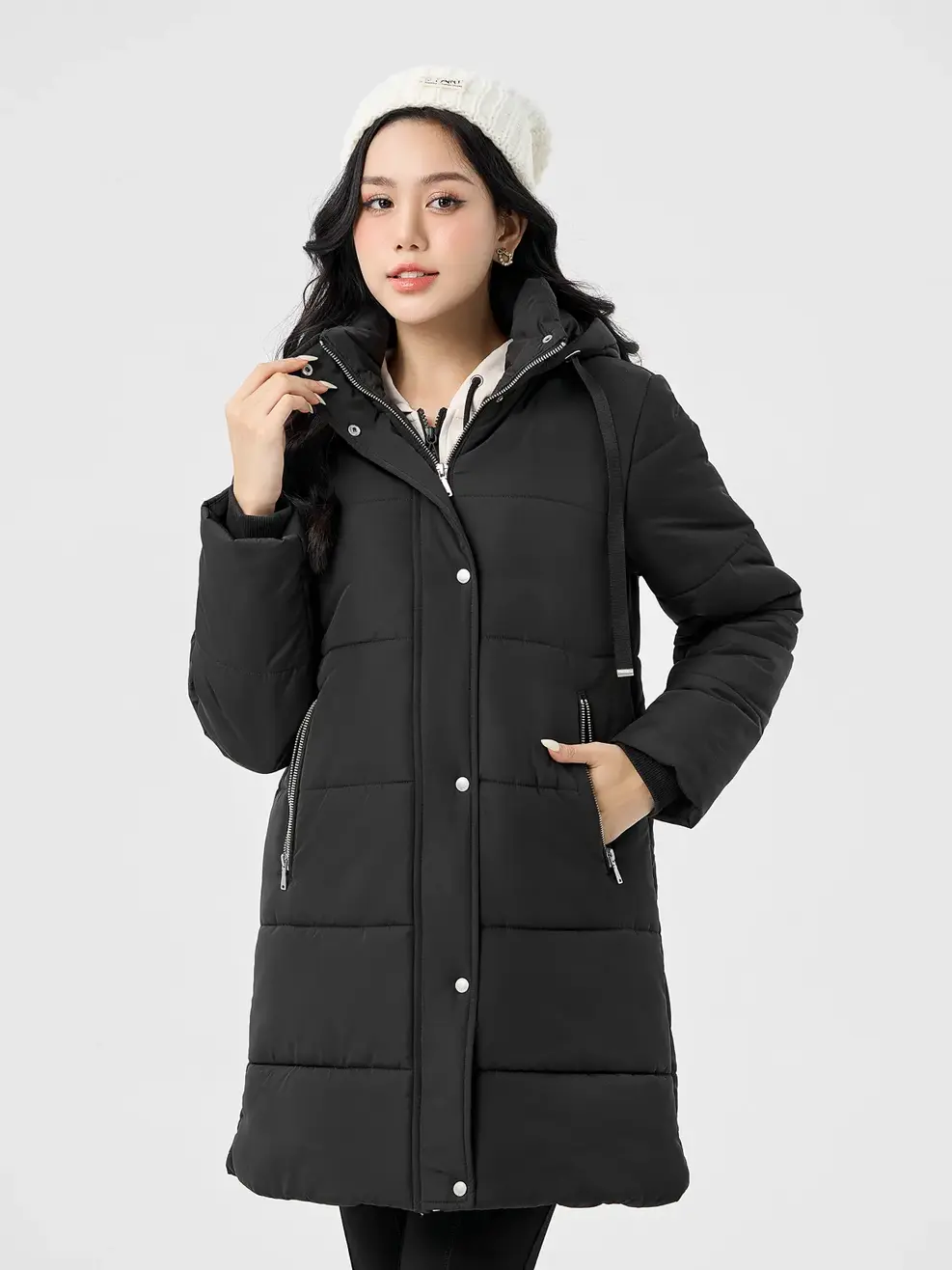 Phao Vip Nữ Dáng Dài  Khóa Phối Siêu Ấm - Đen - S