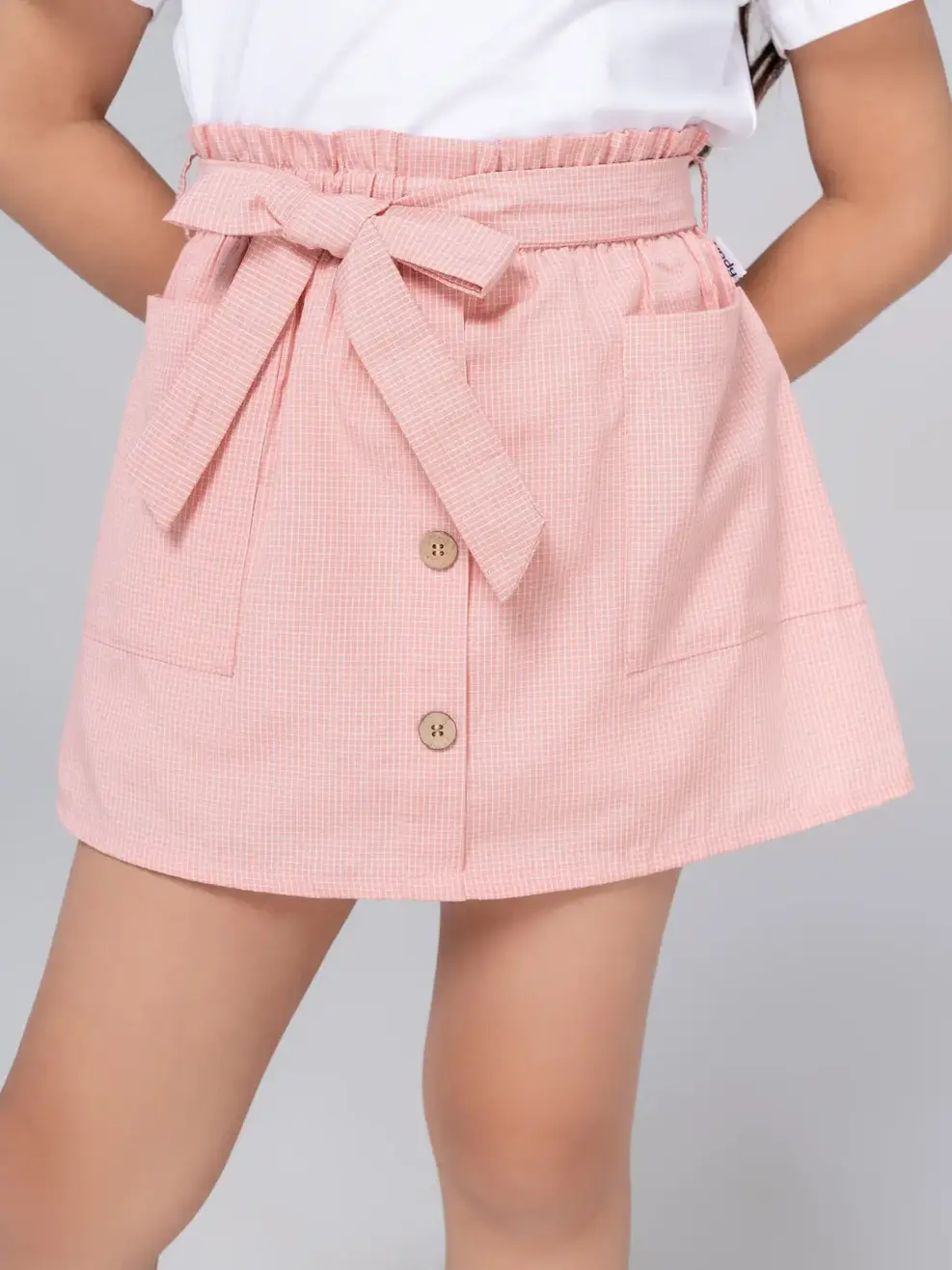 Chân váy kid nhỏ A túi vuông đai nơ - Hồng - 6