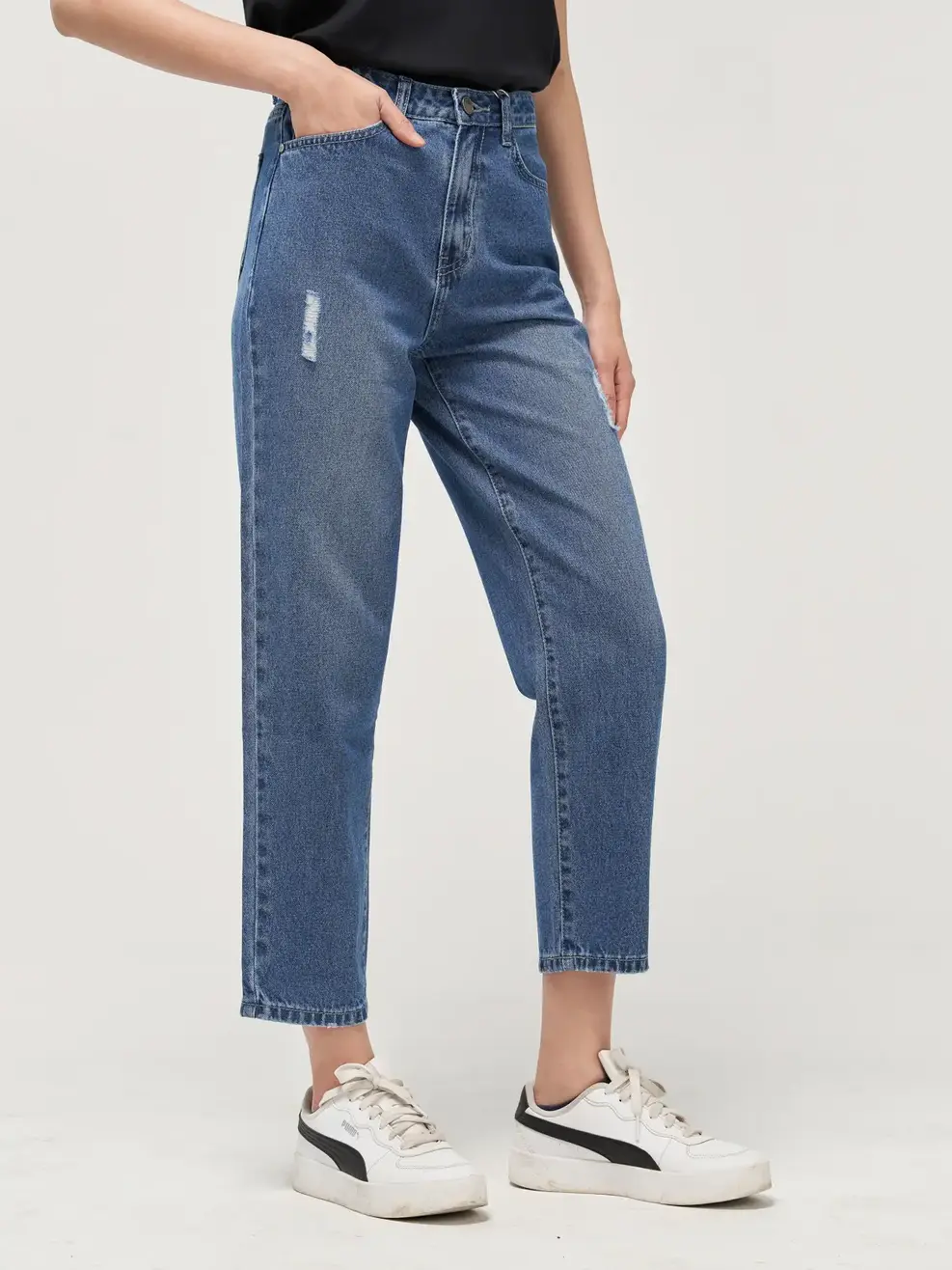 Quần Jeans nữ rách baggy - Xanh - 28
