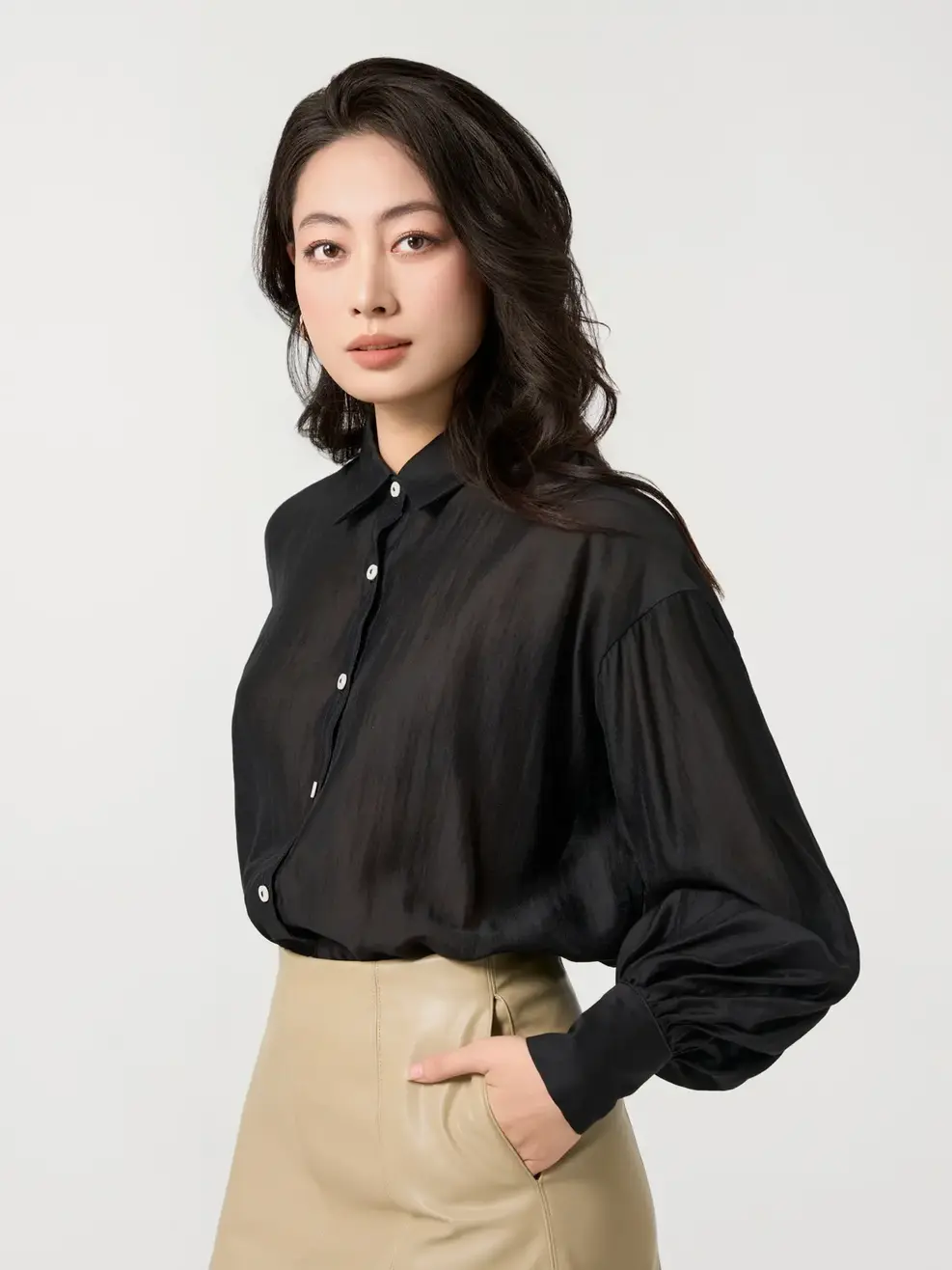 Sơ Mi Dài Tay Nữ Dáng Suông Vải Tơ - Đen - S