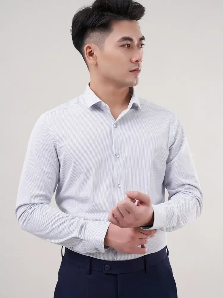 Sơ mi Knit nhật kẻ dài tay - Kẻ tím than nhỏ - XL