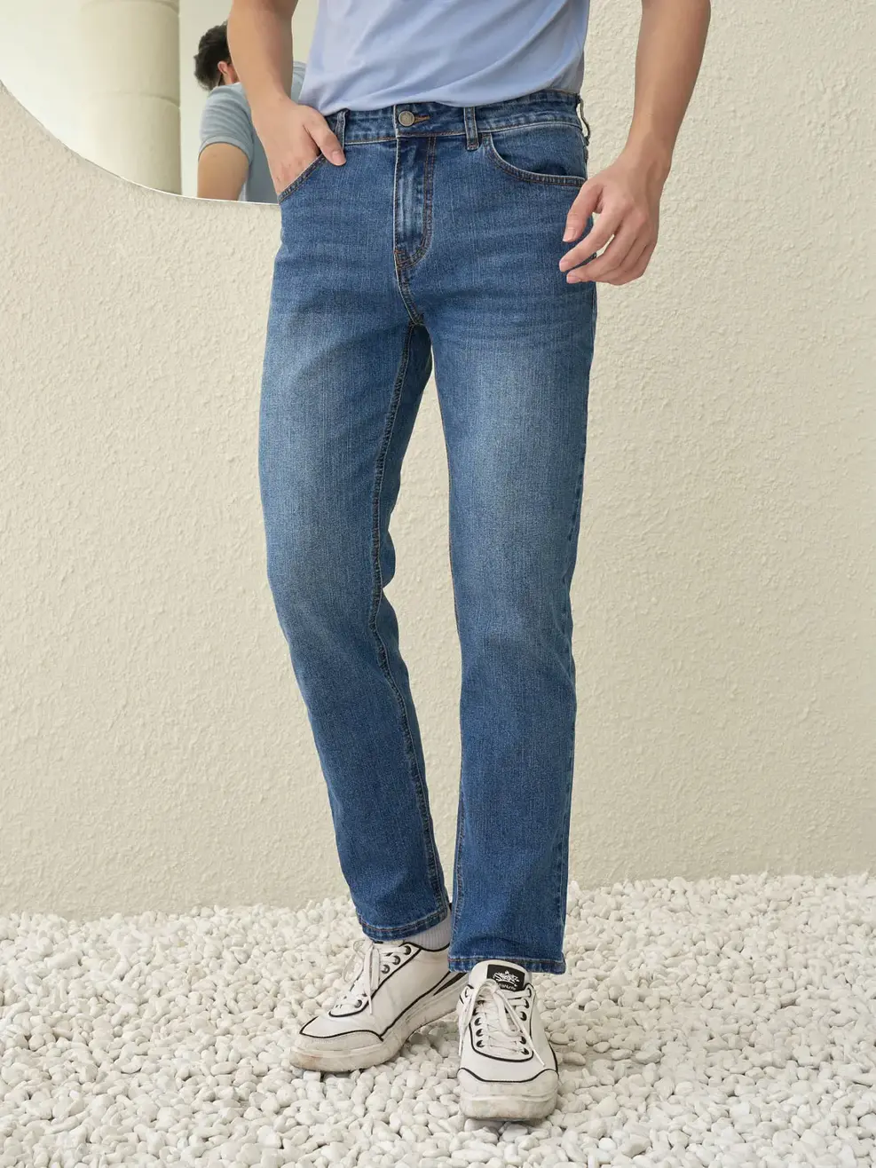 Quần jean nam Regular cotton giặt mài - Xanh đậm - 28