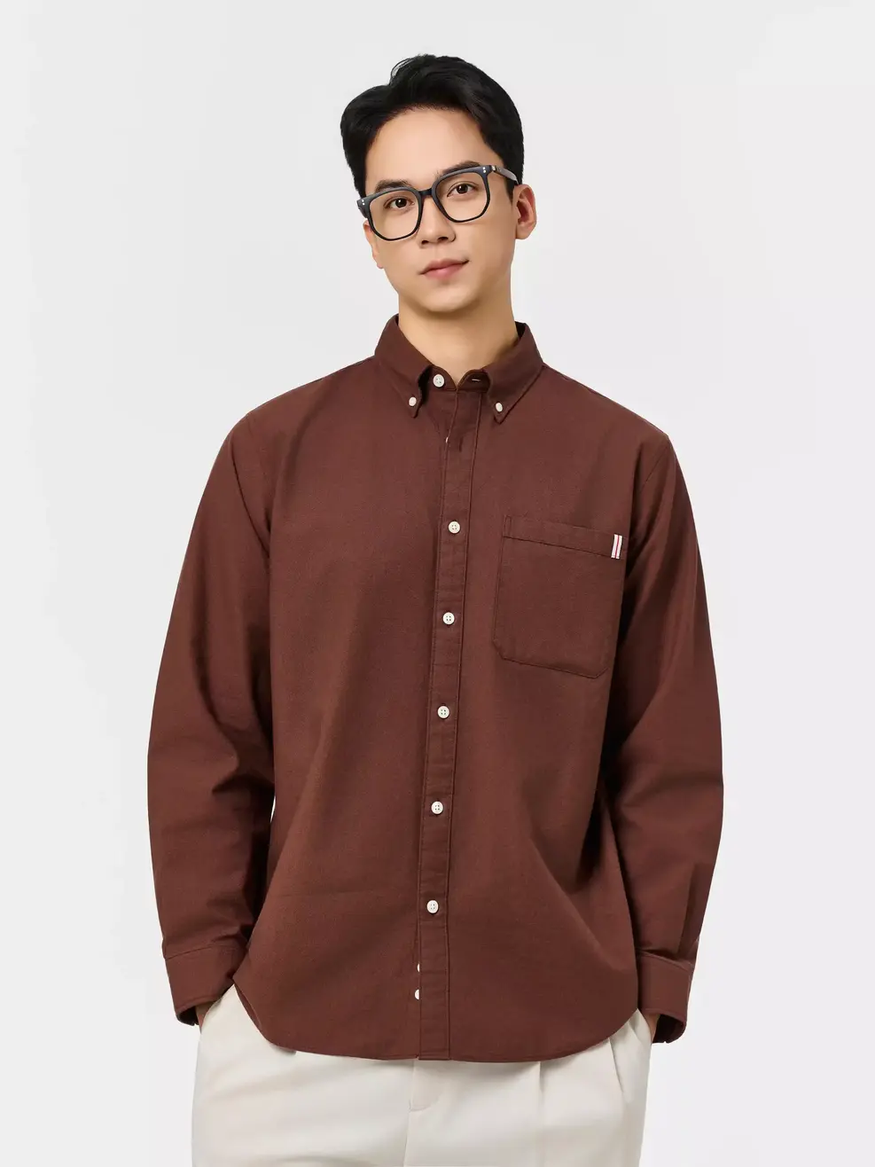 Áo Sơ-mi nam oxford dài tay phối túi - Màu nâu 002 - M