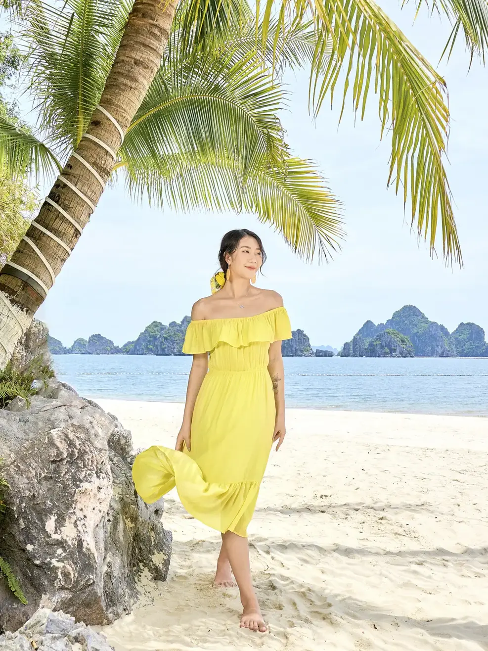 Váy maxi trễ vai - Vàng - S