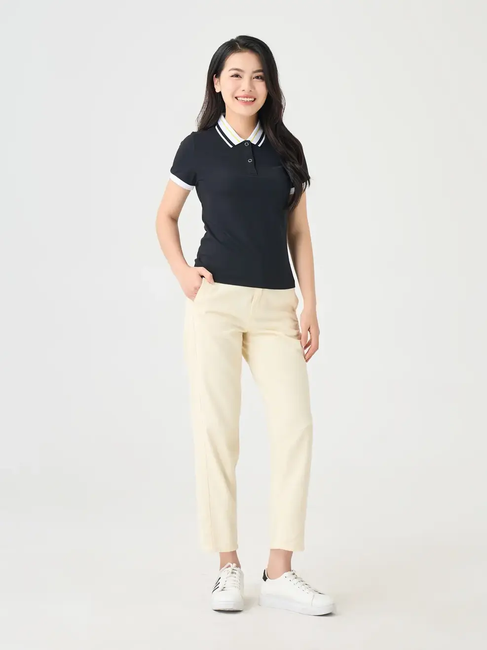 Polo Nữ Cafe Dệt Tổ Ong Phối Bo Nổi Bật - Đen - S