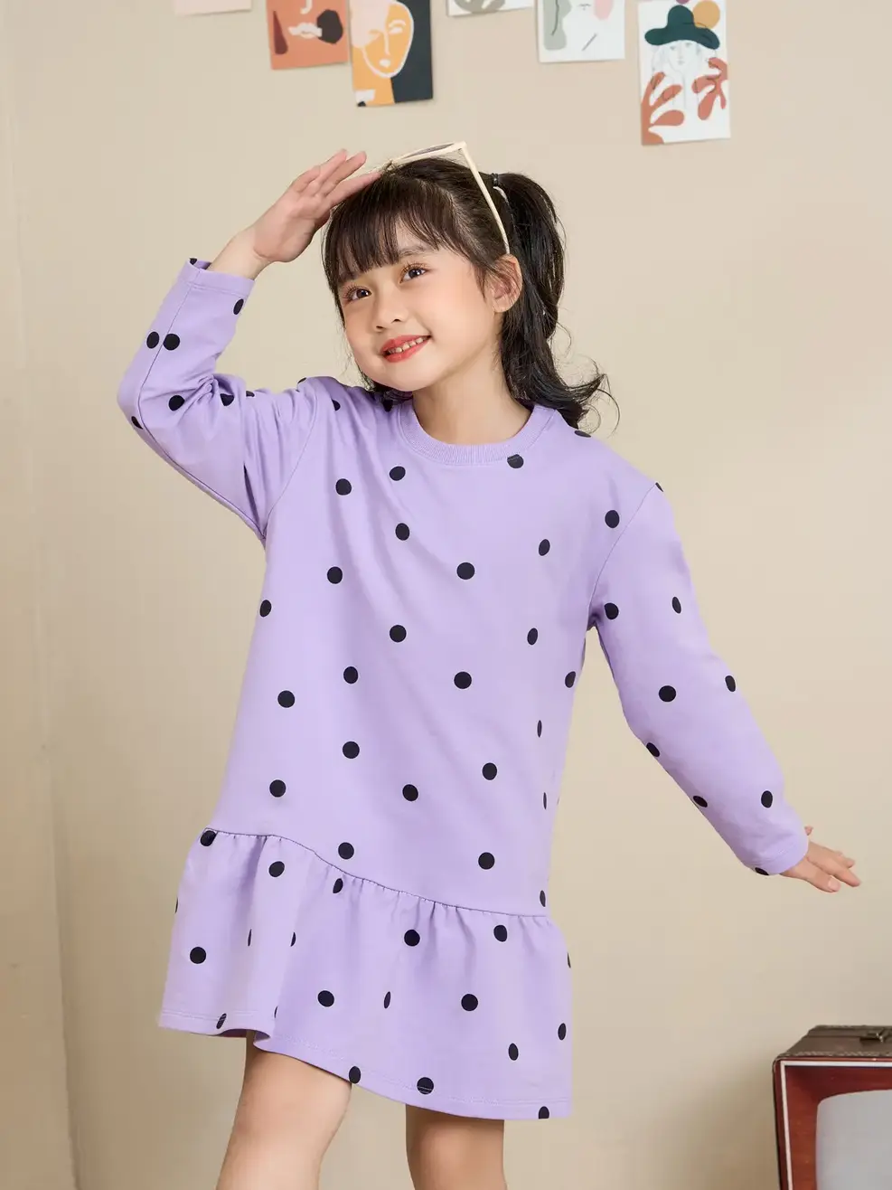 Đầm bé gái gấu nhún chấm bi - Tím - 2