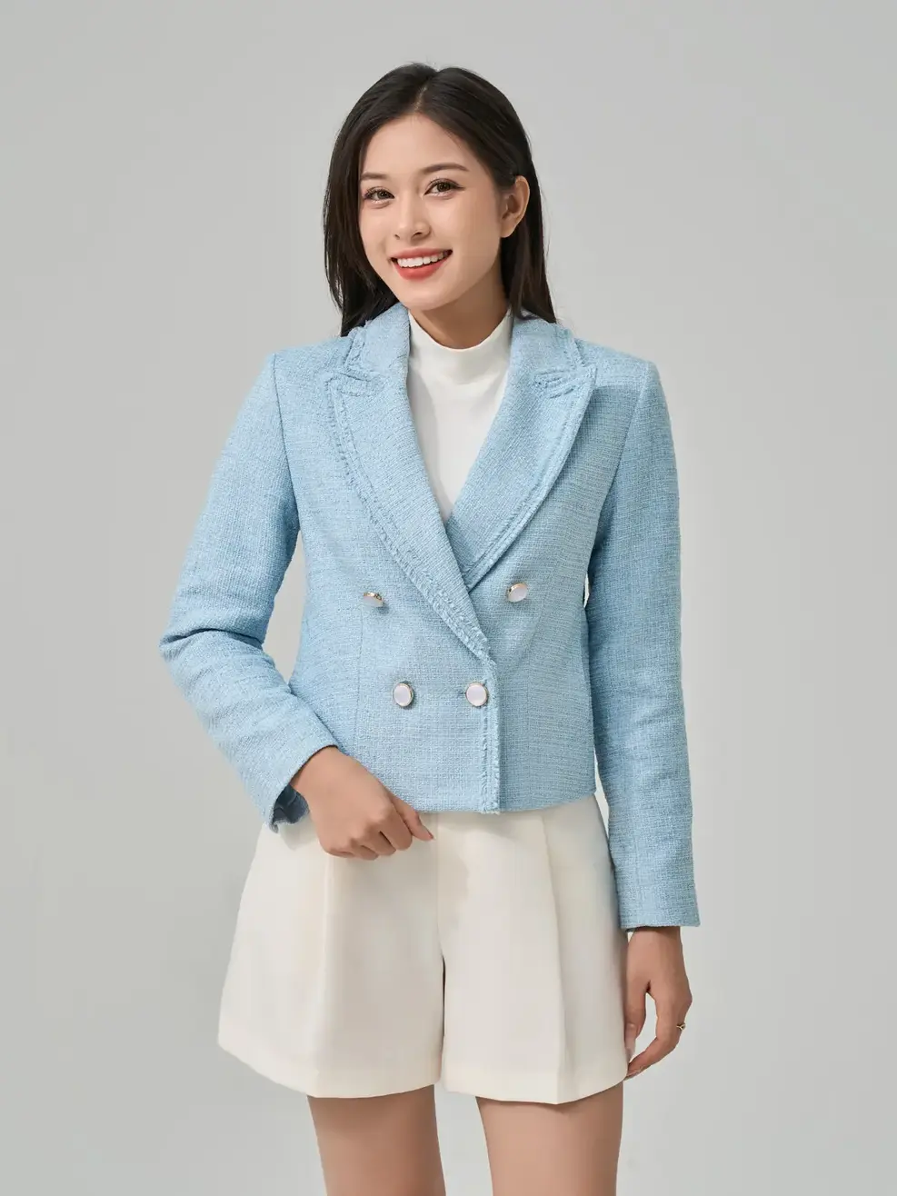 Áo Khoác Nữ Dạ Tweed Cổ Vest  - Xanh lơ - S