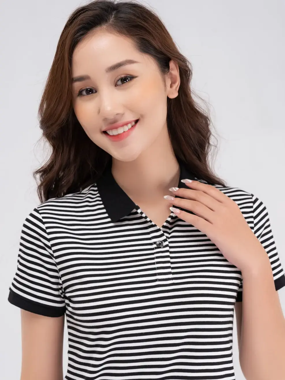 Polo kẻ nữ melange - Đen trắng - L