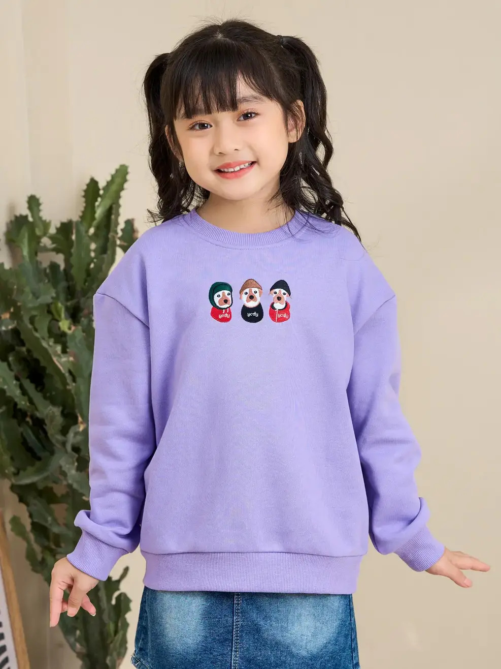 Áo nỉ trẻ em dáng rộng thêu cún - Tím cà - 4