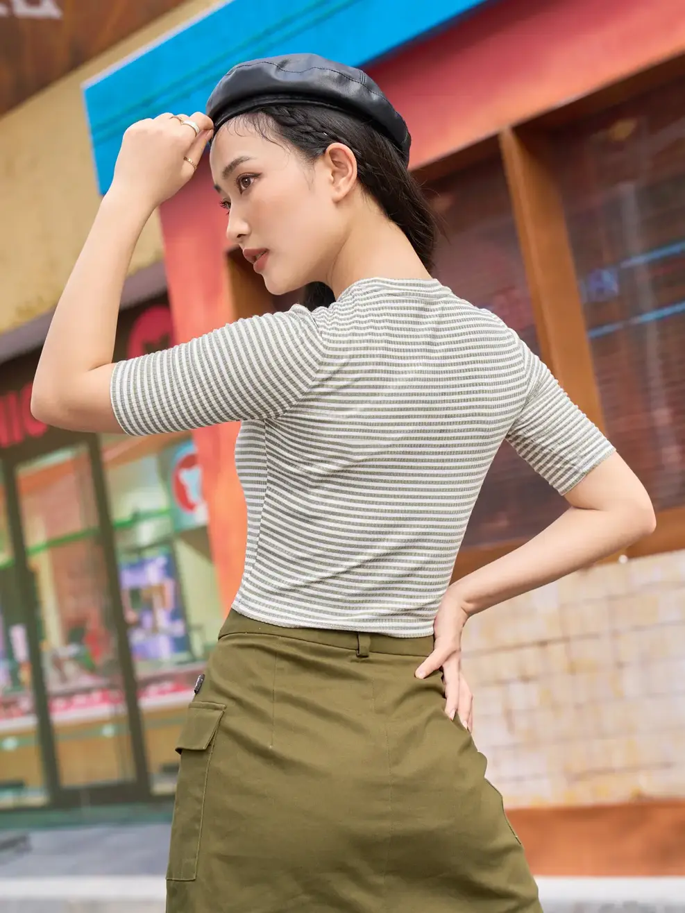 Áo thu đông nữ dáng ôm croptop - Kẻ xanh lục. - S