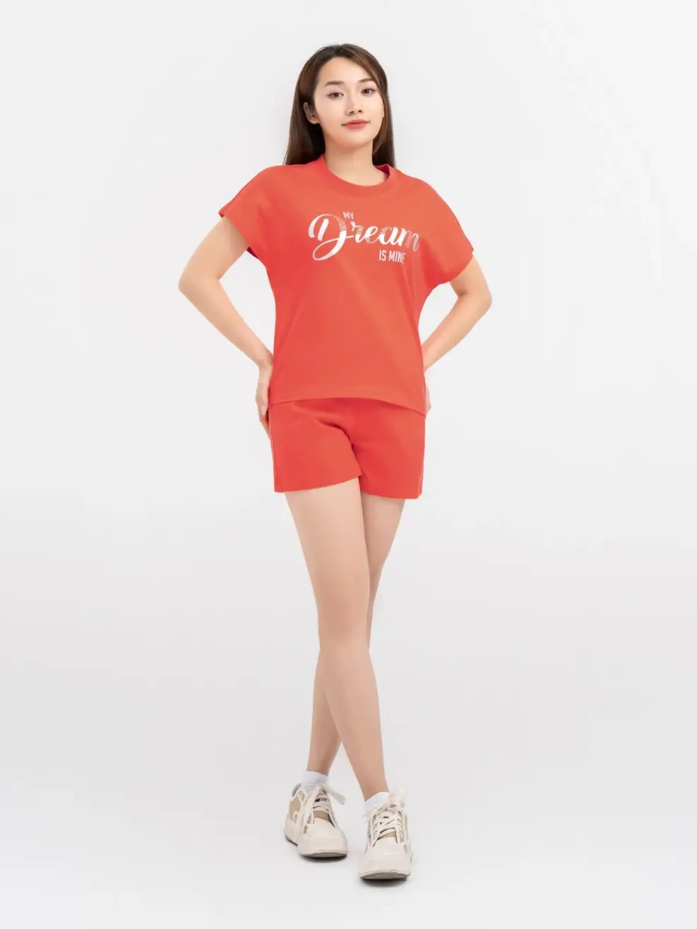 Đồ Bộ Nữ Sooc Tay Rơi Đính Đá 100% Cotton - Hồng - S