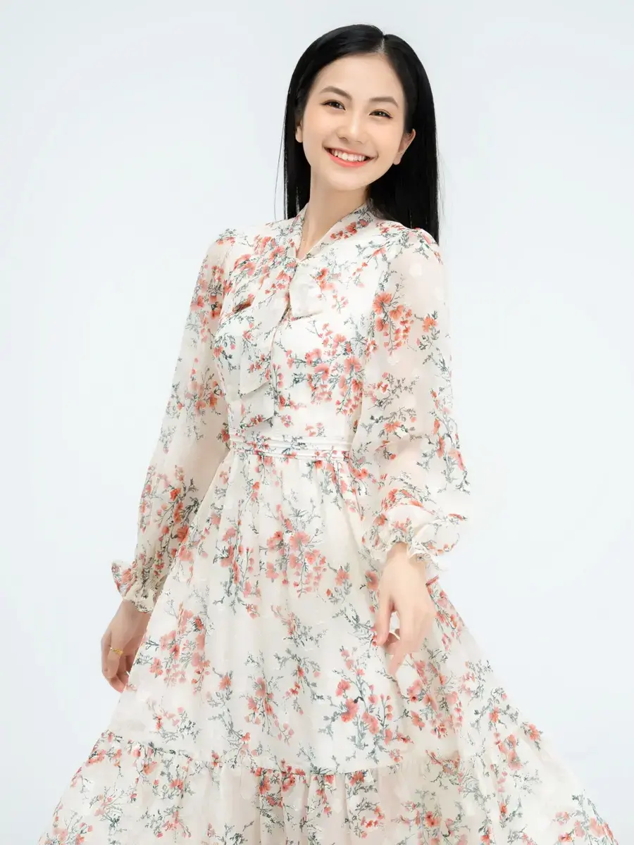 Đầm hoa nhí cổ buộc nơ - Hồng - M