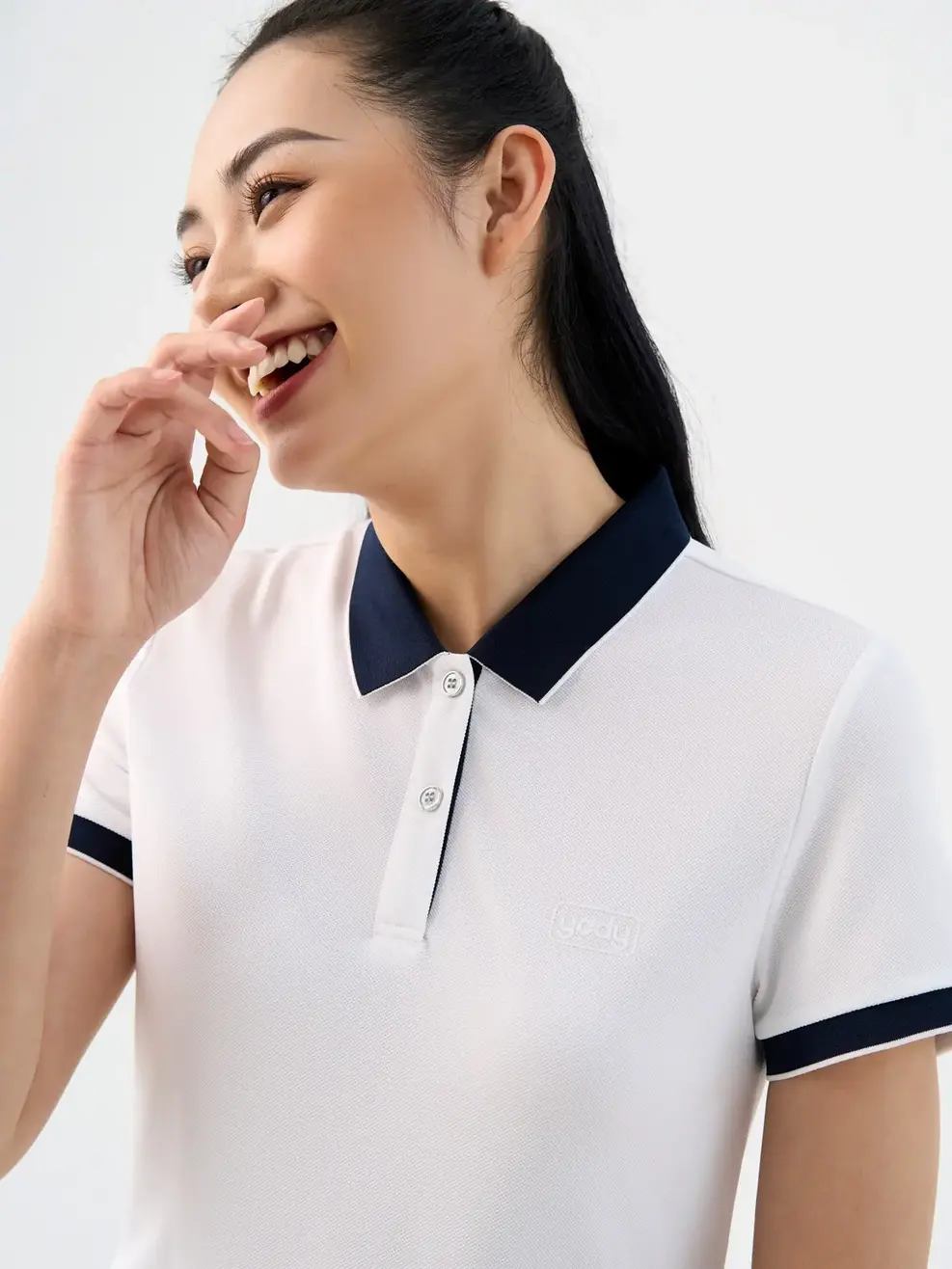 Polo nữ café phối nẹp - Trắng navy - S