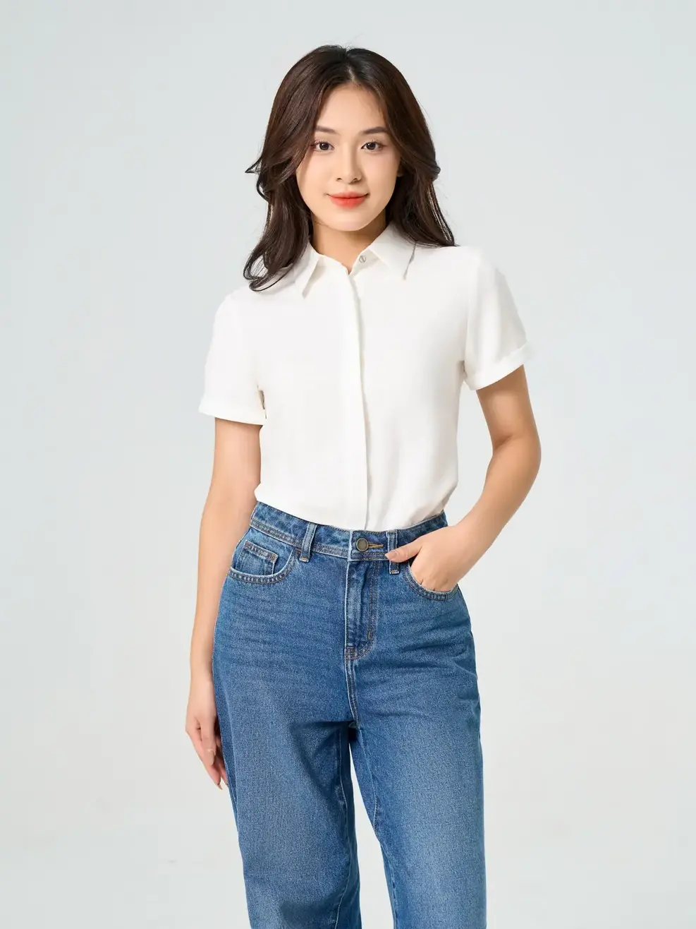 Áo Sơ Mi Tay Ngắn Nữ Nano Thêu Nẹp - Trắng - M