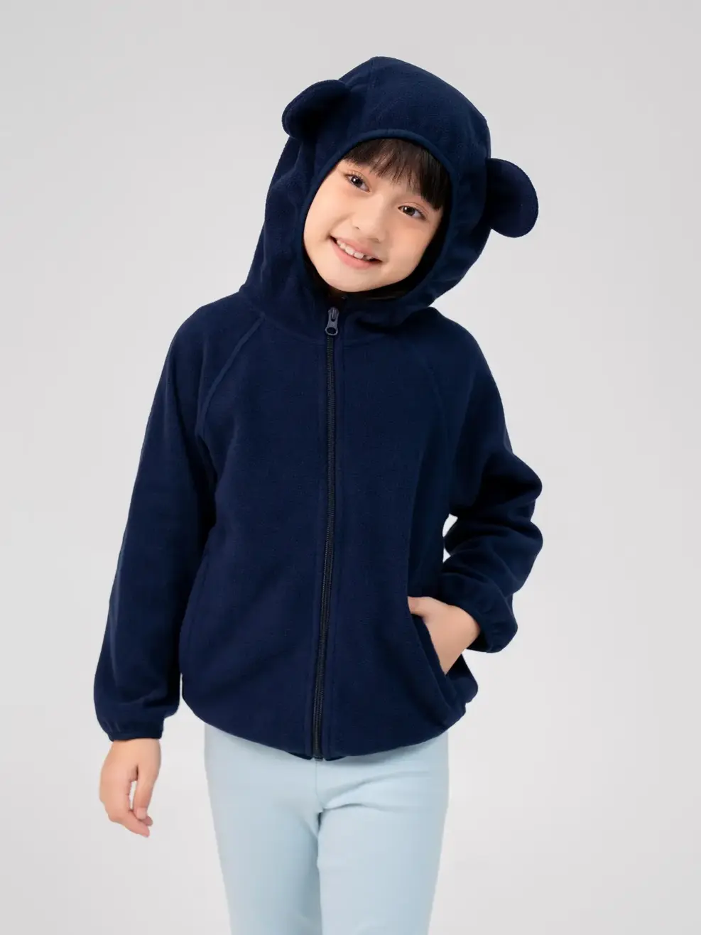 Áo Khoác Trẻ Em Nỉ Cào Lông Tai Thỏ - Navy - 2
