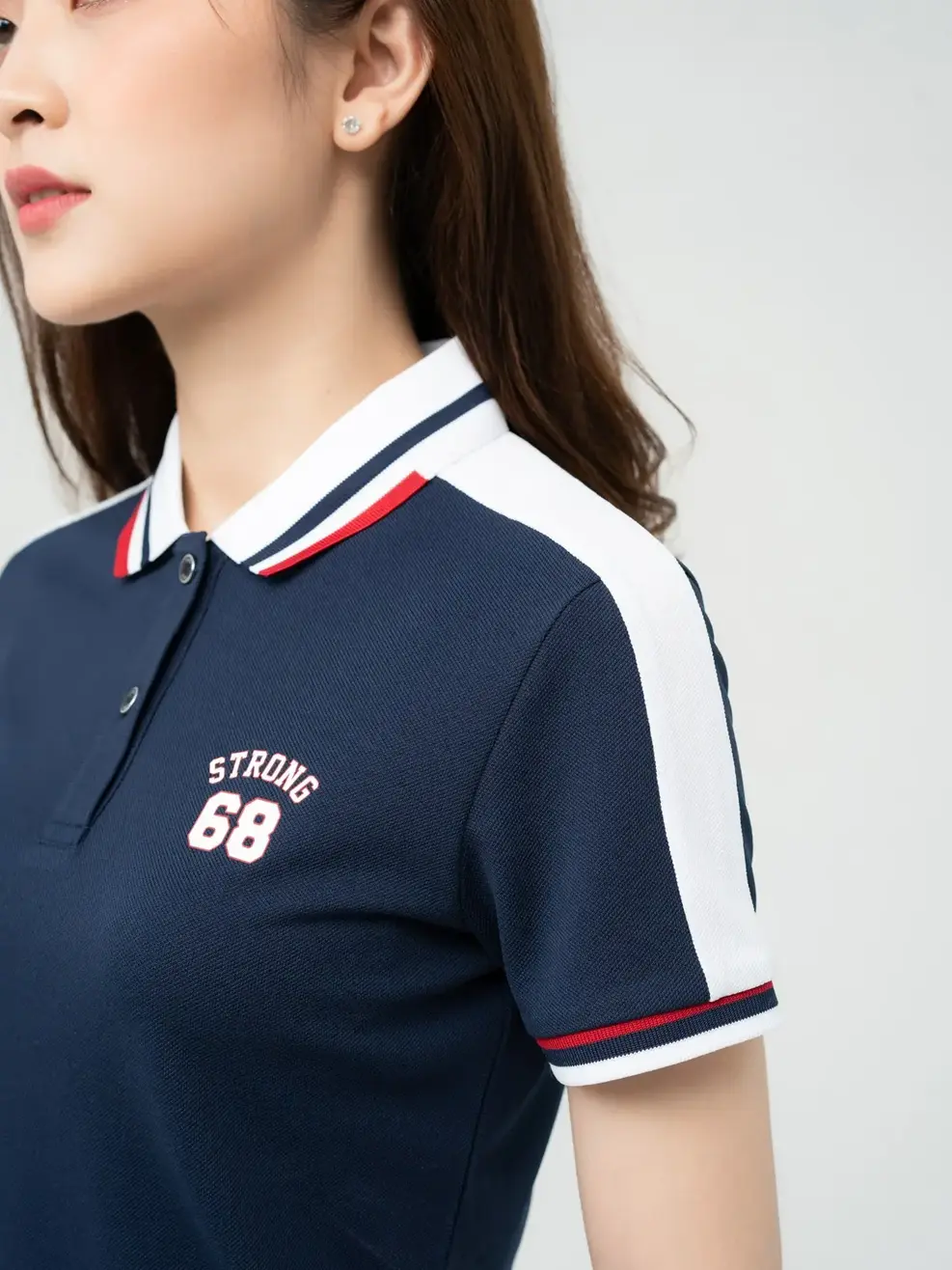 Polo Nữ Cafe Phối Tay - Navy phối Trắng - S