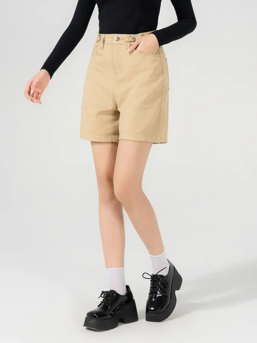 Quần Short Jeans Nữ Denimlike Cạp Cúc Điều Chỉnh - Nâu be - 25