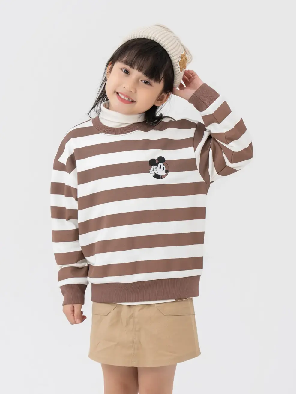 Áo Dài Tay Kid Mickey Phối Kẻ - Trắng phối nâu - 2