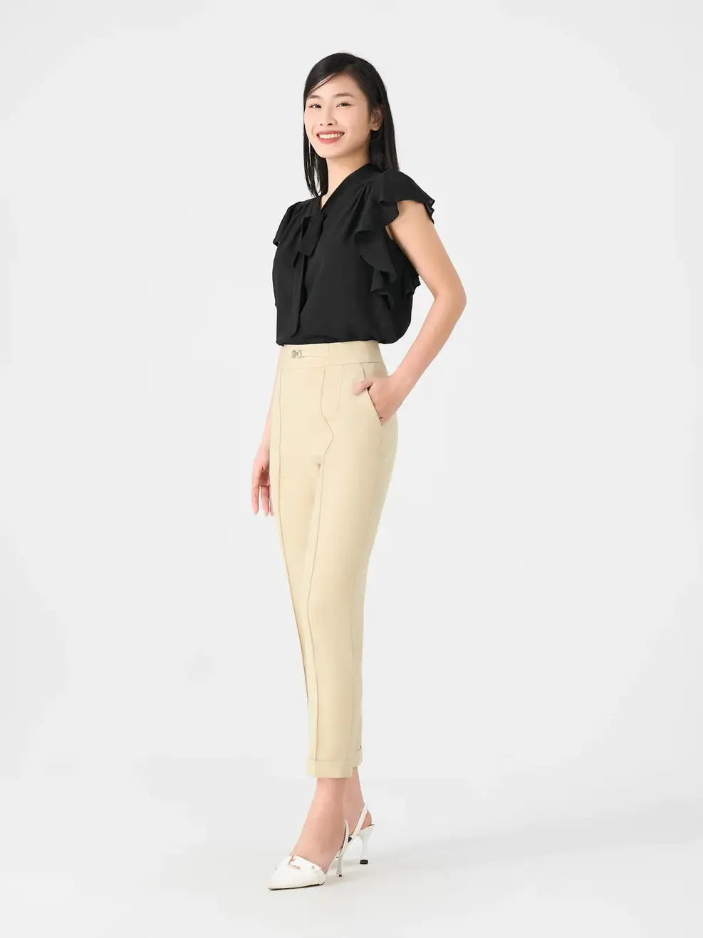 Quần Âu Nữ Baggy Phối Thắt Lưng - Be - S