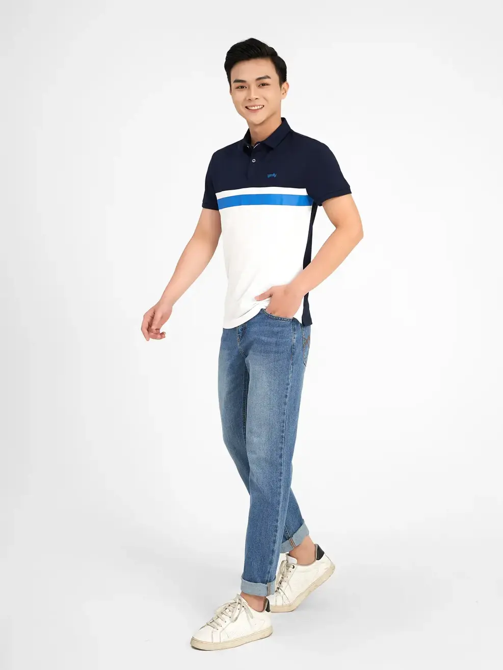 ÁO POLO NAM CAFE BO TRƠN PHỐI MÀU - Trắng phối navy - M