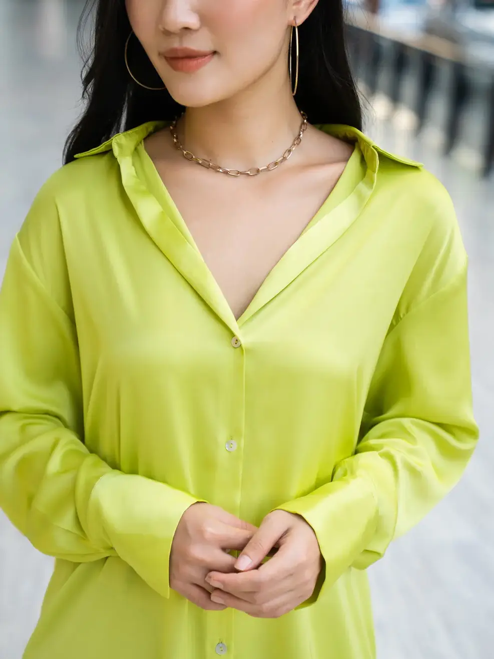 Áo sơ mi dài tay nữ lụa satin - Xanh - S