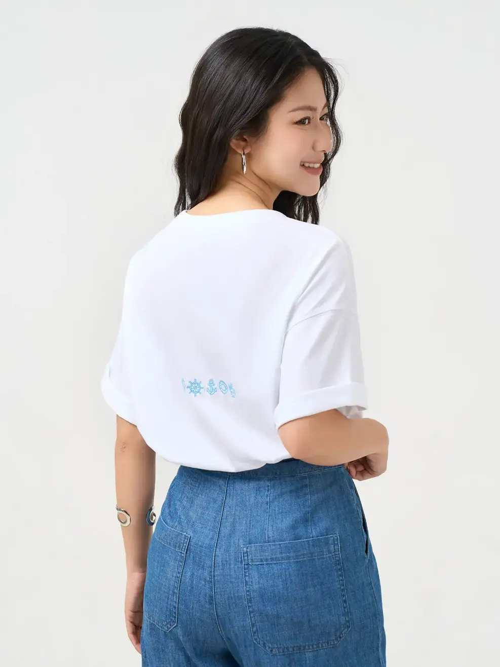 Áo Phông Nữ Relax Thêu Nautical - Trắng 001 - XS