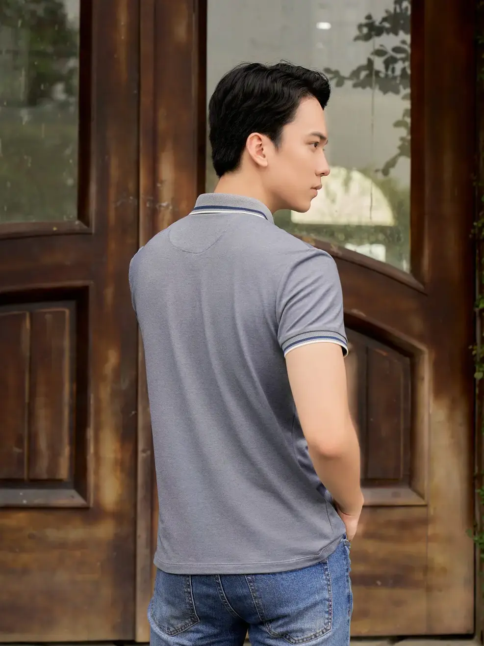 Áo polo nam mắt chim Melange phối nẹp - Navy - L