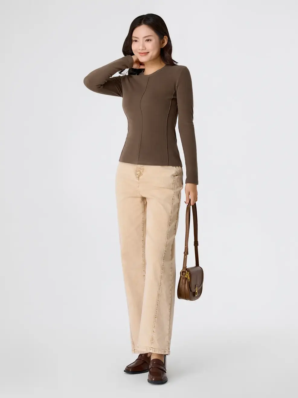 Áo Phông Dài Tay Dáng Ôm Cổ Tròn - Nâu 123 - S