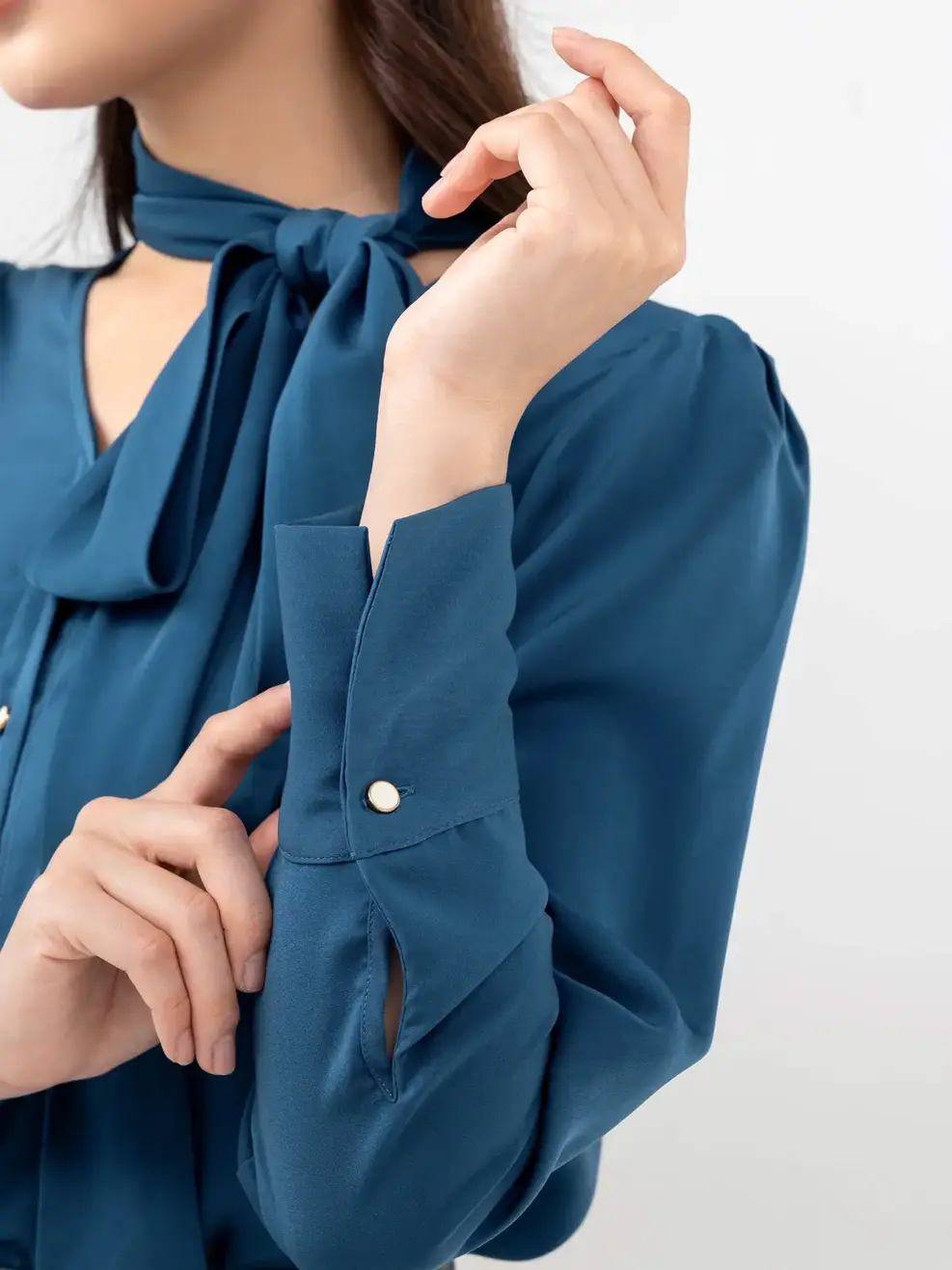 Sơ Mi Dài Tay Nữ Thắt Nơ Lệch - Xanh cổ vịt - S
