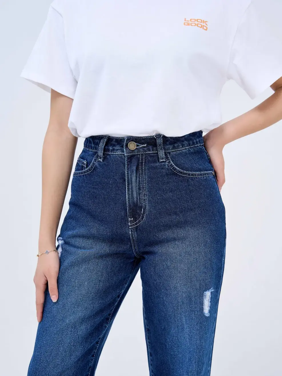 Quần Jeans nữ rách baggy - Xanh đậm - 29