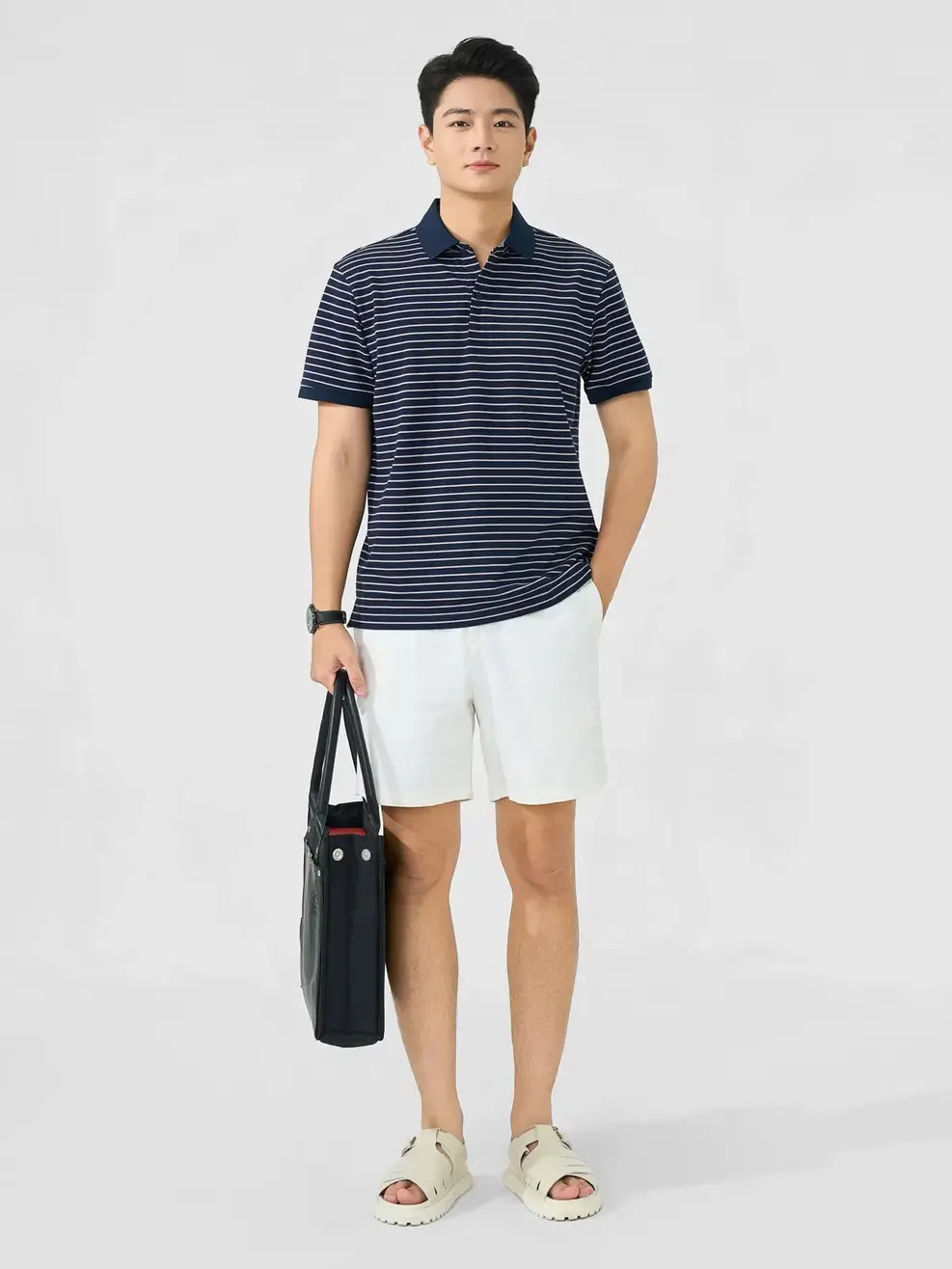 Áo Polo Nam Regular Họa Tiết Kẻ Ngang - Kẻ Tím Than 130 - M