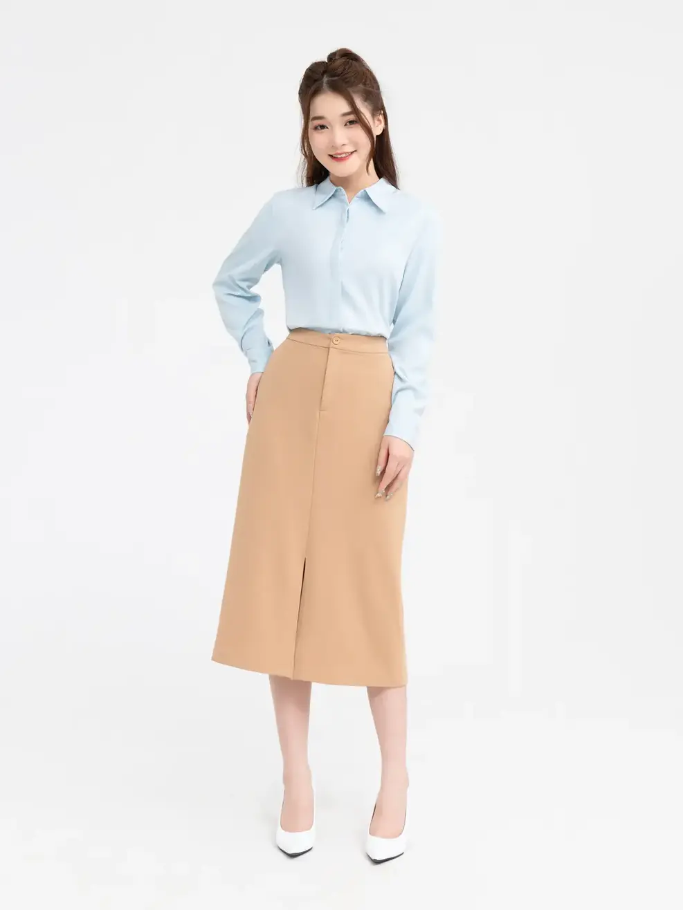 Chân Váy Nữ Đứng Xẻ Trước - Be - S