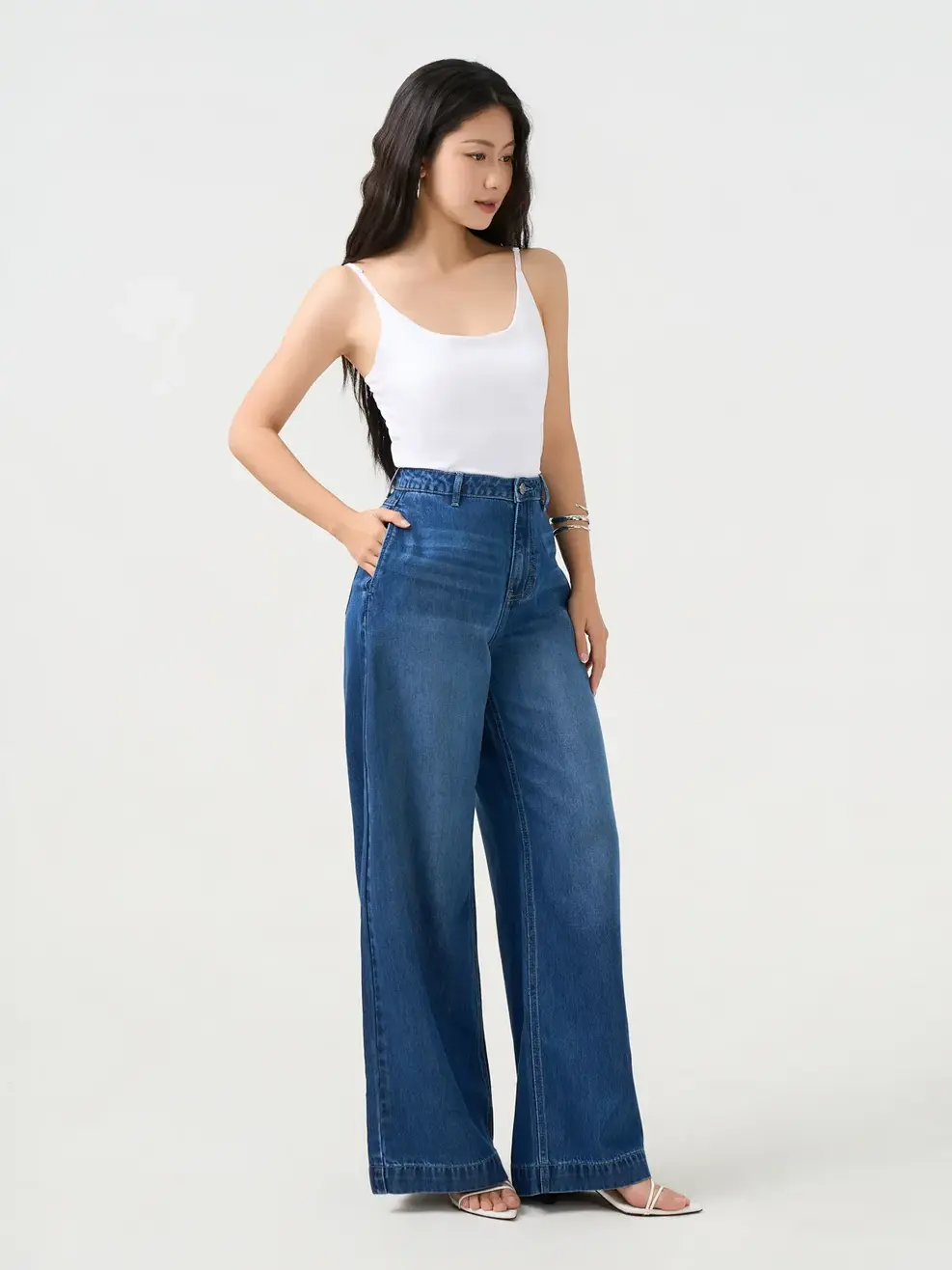 Quần Jeans Nữ Wide Leg Cạp Cao - Màu chàm 002 - 26