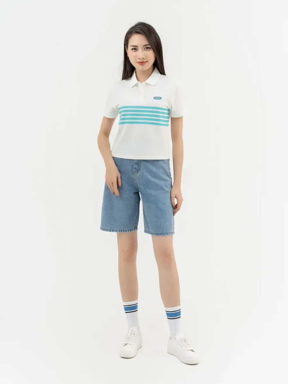 Áo Polo Nữ Mắt Chim In Kẻ - Trắng - S