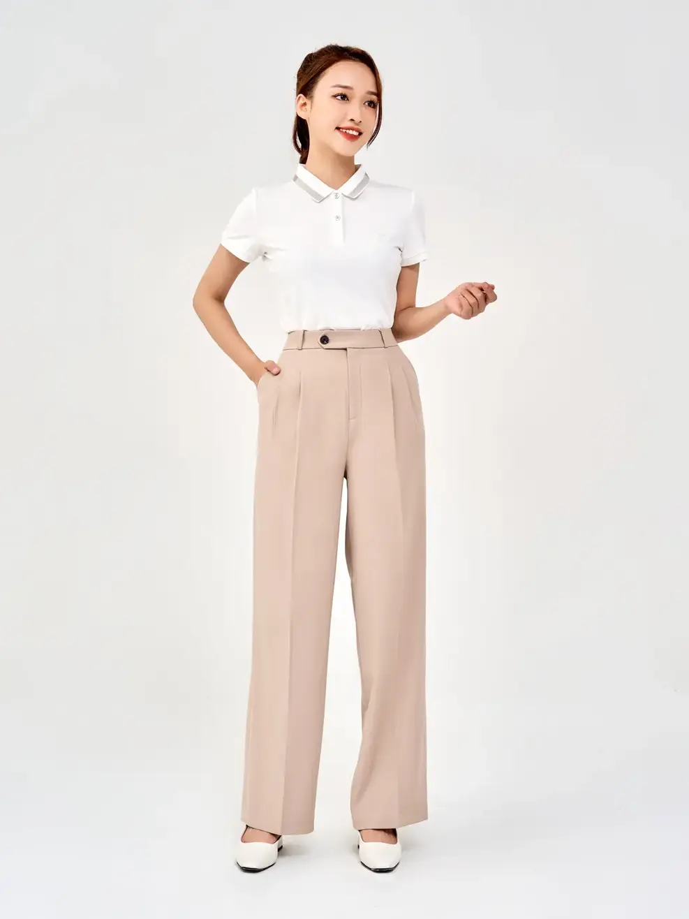 Quần Tây Nữ Ống Đứng Chun Cạp Sau - Ghi be - S