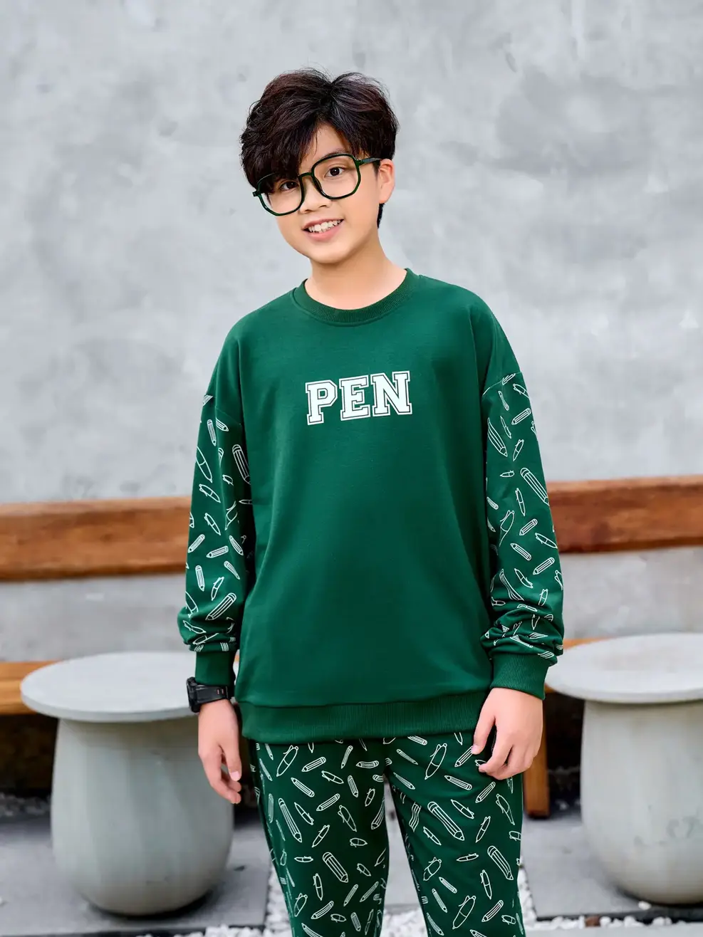 Bộ đồ kid lớn in Pen - Xanh Lá - 10