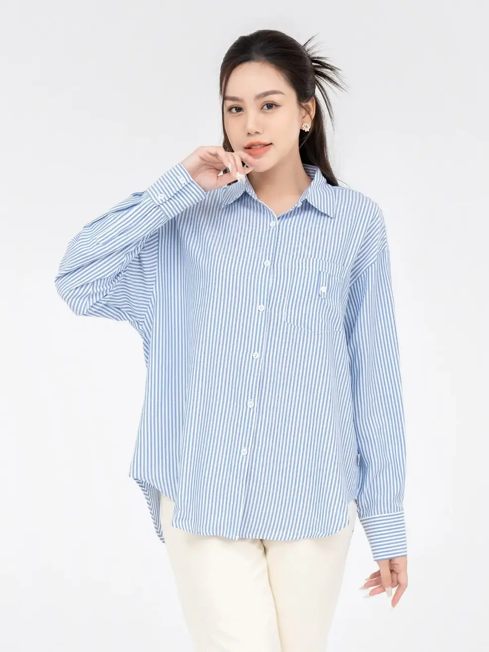 Áo Sơ Mi Tay Dài Nữ Nano Kẻ Năng Động - Kẻ xanh đậm - S