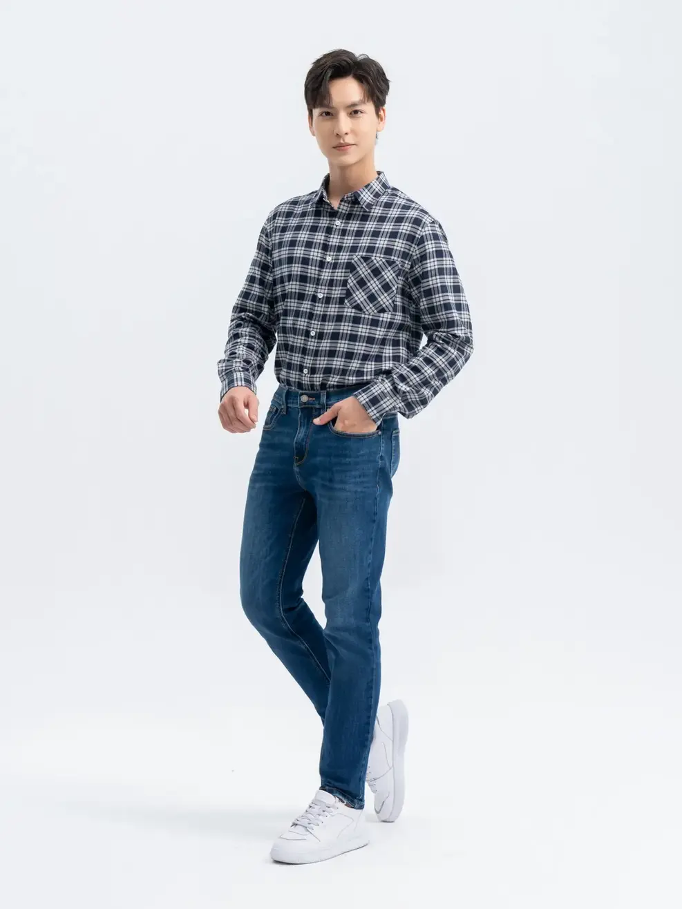 Sơ Mi Dài Tay Nam Kẻ Caro Túi Ngực - Kẻ xanh đen - M