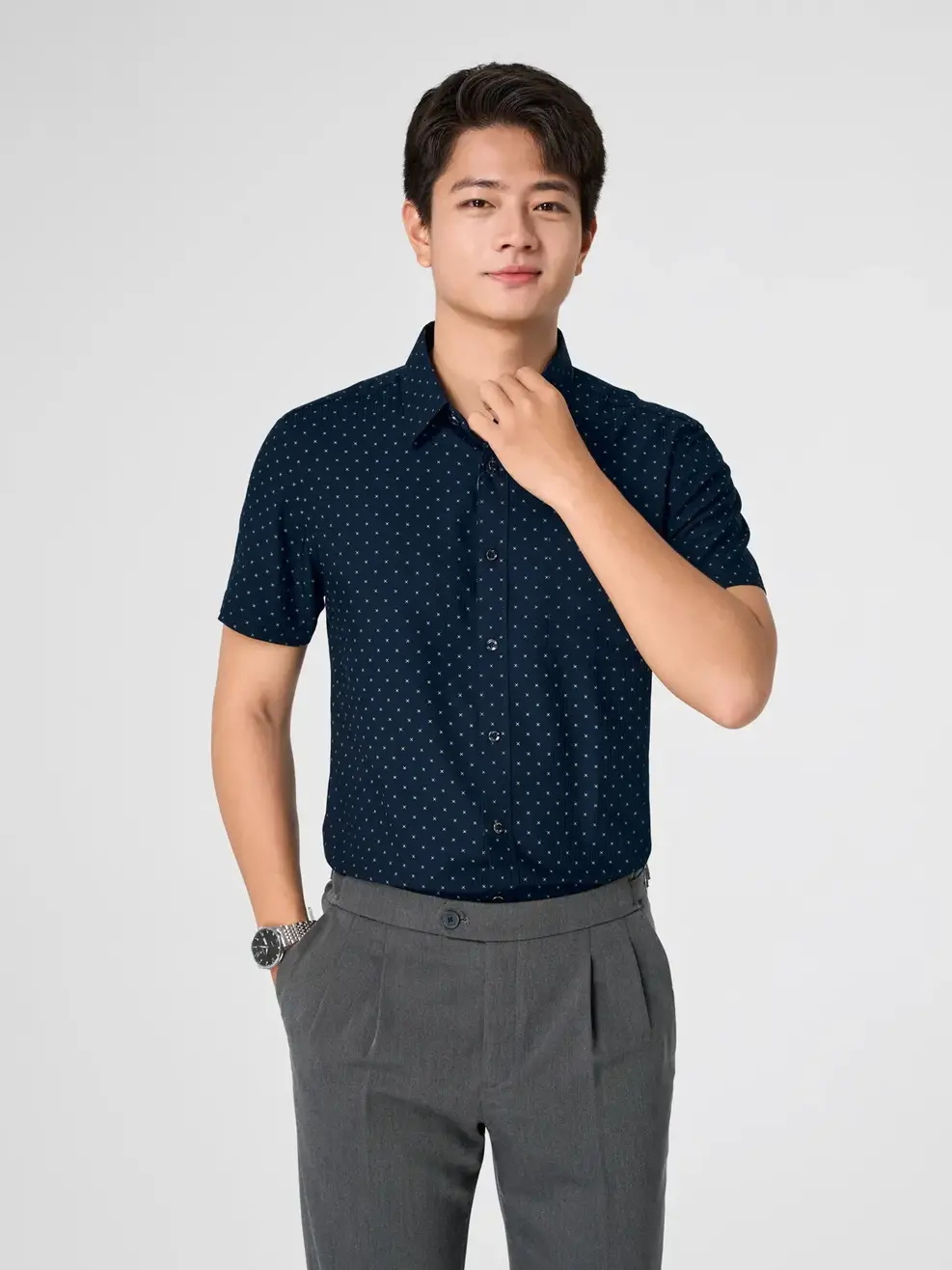 Áo Sơ-mi Nam Họa Tiết Cộc Tay Túi Ngực - Họa tiết tím than 099 - S