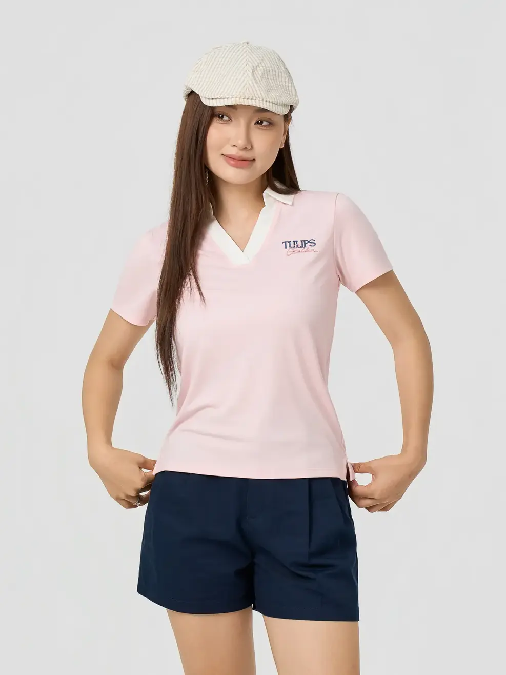 Áo Polo Nữ Cổ V Thêu Hình - Hồng 104 - XL