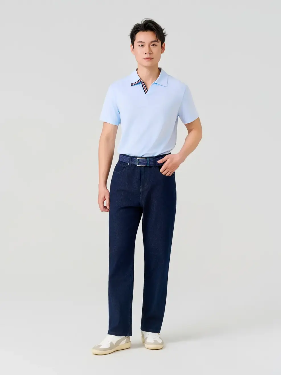Áo Polo Nam Cổ V Phối Dây Dệt - XANH 012 - M