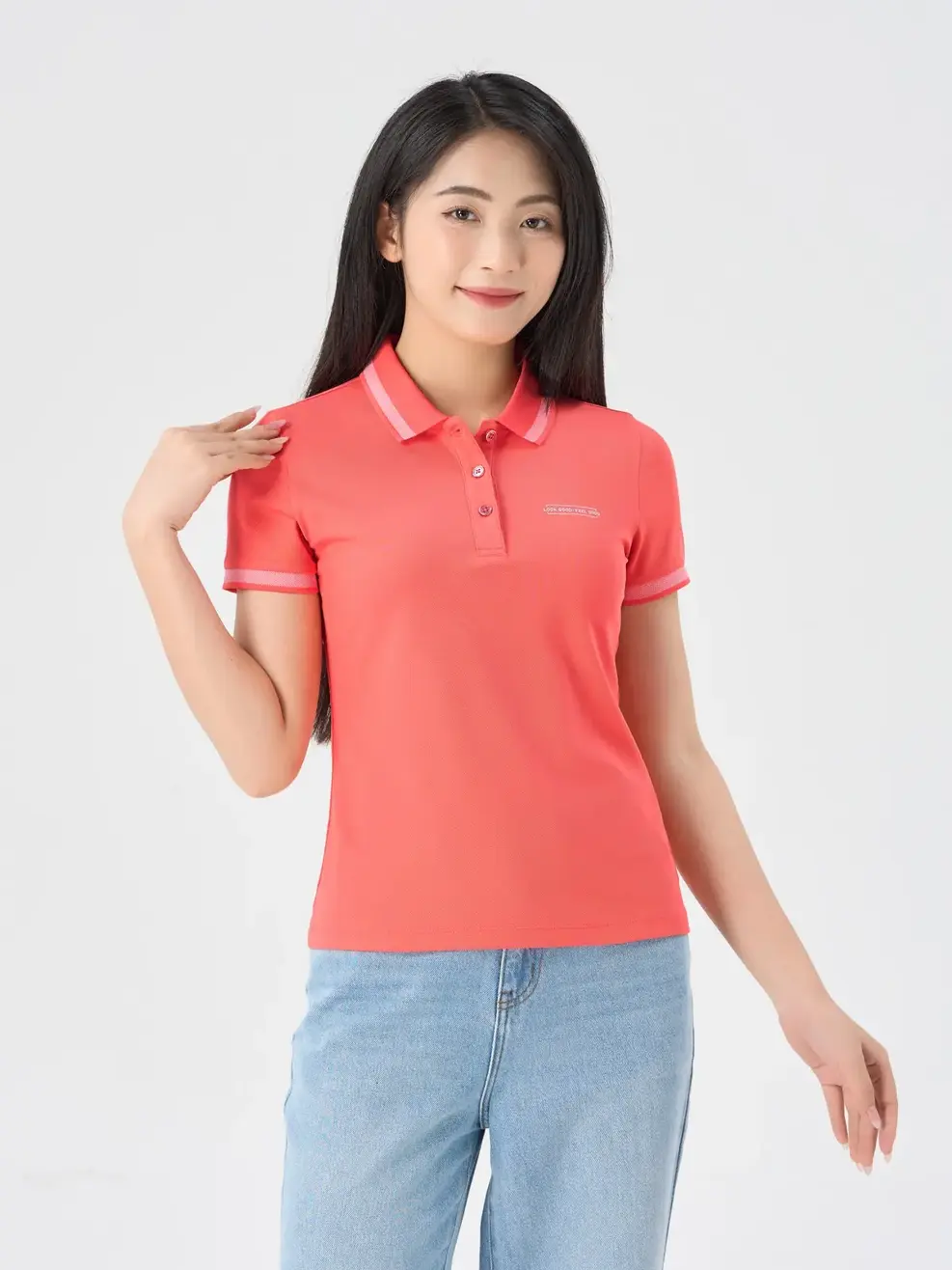 Polo Nữ Cafe Dệt Tổ Ong In Ngực - Hồng cam - S